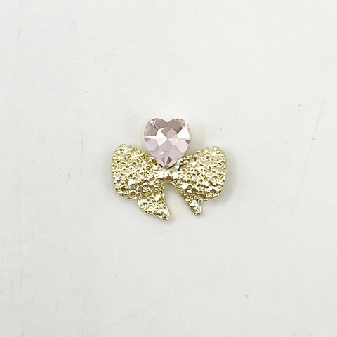 Queen - Nail Charms 10pc - #168 Gold Bows with Pink Heart Gem