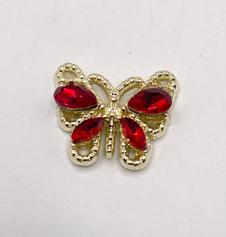 Queen - Nail Charms 10pc - #027 Gold Ruby Crystal Butterflies