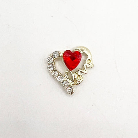 Queen - Nail Charms 10pc - #133 Gold Hearts with Clear and Red Crystals